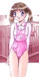  adult_baby blue_eyes breasts brown_hair copyright_request crib diaper leotard long_hair mizuyoukan_(norad) pink_leotard reaction small_breasts smile solo twintails 