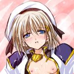  blonde_hair blue_eyes blush breasts cum endori facial hair_ornament hat lowres lyrical_nanoha mahou_shoujo_lyrical_nanoha mahou_shoujo_lyrical_nanoha_a's nipples open_clothes open_shirt shirt solo x_hair_ornament yagami_hayate 