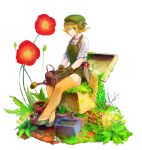  1girl absurdres animal_ears bare_legs blonde_hair blue_eyes brown_gloves closed_mouth curled_horns flower gloves grass green_overalls hair_between_eyes highres holding holding_watering_can horns komota_(kanyou_shoujo) looking_at_viewer monster_girl original overall_shorts overalls plant potted_plant red_flower satyr shirt simple_background sitting solo watering_can white_background white_shirt 