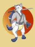  2020 3:4 anthro biped clothed clothing diaper dipstick_arms dipstick_feet dipstick_tail hi_res katana male markings melee_weapon simple_background solo standing sword tail_markings tysuga weapon 