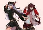  2girls bangs blue_hair bodysuit braid brown_hair cardipeemf commission cosplay costume_switch crossover genshin_impact grin highres honkai_(series) honkai_impact_3rd hu_tao_(genshin_impact) hu_tao_(genshin_impact)_(cosplay) kiana_kaslana kiana_kaslana_(white_comet) kiana_kaslana_(white_comet)_(cosplay) long_hair long_sleeves mihoyo_technology_(shanghai)_co._ltd. multiple_girls one_eye_closed open_mouth pink_background pointing pointing_at_viewer red_eyes simple_background smile teeth tongue tongue_out twin_braids voice_actor_connection white_bodysuit white_hair 