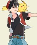  1boy :q bangs belt black_hair black_shirt blush_stickers brown_belt closed_mouth commentary_request green_background hair_between_eyes highres jacket male_focus momotose_(hzuu_xh4) open_clothes open_jacket outstretched_arm pants pikachu pokemon pokemon_(creature) pokemon_adventures red_(pokemon) red_eyes shirt short_hair short_sleeves t-shirt tongue tongue_out 