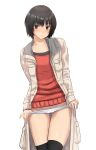  1girl absurdres amagami bangs black_hair black_legwear brown_eyes cameltoe coat collarbone commentary cowboy_shot highres long_coat looking_at_viewer nanasaki_ai no_pants panties panty_pull parted_lips pulled_by_self raised_eyebrows red_sweater short_hair simple_background solo sweater tanline_peek thigh_gap thighhighs thumb_in_beltline toggles underwear white_background white_coat white_panties ykh1028 