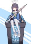  1girl absurdres arrow_(symbol) bird black_gloves black_hair blue_archive bolt_action dirty full_body gloves gun halo highres knee_pads leaf leaf_on_head long_hair miyu_(blue_archive) pantyhose recycle_bin recycling_symbol rifle sad school_uniform scope serafuku shoe_print shoes shoes_removed simple_background single_knee_pad sitting sling sniper_rifle solo weapon white_footwear white_legwear 