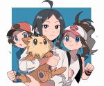  1girl 2boys :o ahoge baseball_cap black_hair black_vest blue_background blue_eyes blue_jacket blush_stickers border bright_pupils brown_hair cheren_(pokemon) closed_mouth collared_shirt commentary_request eyelashes hat high_ponytail highres hilbert_(pokemon) hilda_(pokemon) holding holding_pokemon jacket lillipup long_hair long_sleeves momotose_(hzuu_xh4) multiple_boys open_mouth poke_ball_print pokemon pokemon_(creature) pokemon_(game) pokemon_bw pokemon_bw2 red_headwear shirt short_hair sidelocks sleeveless sleeveless_shirt sleeves_rolled_up smile vest white_border white_pupils white_shirt wristband 