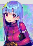  1girl arm_belt arms_under_breasts bangs blue_hair blunt_bangs blush bodysuit breasts commentary_request eyebrows_visible_through_hair gloves kula_diamond long_hair looking_at_viewer medium_breasts onono_imoko open_mouth red_eyes solo straight_hair the_king_of_fighters upper_body 