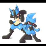  3_fingers 3_toes ambiguous_gender anthro black_body blue_body chaba chest_spike duo featureless_crotch feet fingers hand_spike hi_res looking_at_viewer lucario multicolored_body multiple_poses nintendo pok&eacute;mon pok&eacute;mon_(species) pose red_eyes riolu simple_background spikes spikes_(anatomy) toes two_tone_body video_games white_background 