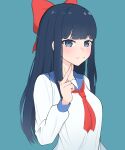  1girl :3 atamonica bangs blue_background blue_eyes blue_hair blunt_bangs bow commentary english_commentary hair_bow hand_up highres hime_cut long_hair long_sleeves looking_at_viewer middle_finger neckerchief pipimi poptepipic red_neckerchief sailor_collar school_uniform serafuku sidelocks simple_background solo upper_body wrist_cuffs 