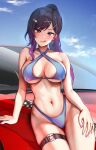  1girl bangs bare_shoulders bikini black_hair blue_bikini blue_sky blush breasts car cleavage collarbone earrings foxyreine ground_vehicle hair_ornament hairclip highleg highleg_bikini highres jewelry large_breasts long_hair looking_at_viewer motor_vehicle navel original ponytail purple_eyes sky smile solo swept_bangs swimsuit thigh_strap thighs 