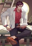  1boy bara black_hair character_request chinese_commentary commentary_request copyright_request highres labcoat male_focus mature_male multicolored_hair muscular muscular_male my_eight pants red_shirt shirt solo streaked_hair 