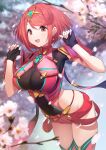  1girl :d absurdres bangs black_gloves blush breasts chest_jewel commentary_request earrings fingerless_gloves gem gloves green322 headpiece highres jewelry large_breasts looking_at_viewer pyra_(xenoblade) red_eyes red_hair red_legwear red_shorts short_hair short_shorts shorts smile solo swept_bangs thighhighs tiara xenoblade_chronicles_(series) xenoblade_chronicles_2 