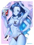  1girl armpits blue_eyes blue_hair blue_skin breasts closed_mouth colored_skin controller cracked_skin elden_ring etchimune extra_faces gran_turismo long_hair looking_at_viewer navel one_eye_closed panties playstation_5 ranni_the_witch smile solo underwear video_game 