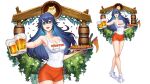  1girl alcohol artist_name bangs bare_shoulders beer beer_mug blue_eyes blue_hair breasts cleavage collarbone commentary copyright_name cup employee_uniform feh_(fire_emblem_heroes) fire_emblem fire_emblem_awakening fire_emblem_heroes food full_body highres holding holding_tray hooters jewelry long_hair looking_at_viewer lucina_(fire_emblem) meziosaur mug open_mouth orange_shorts shiny shiny_hair shoes shorts signature simple_background sleeveless smile sneakers socks tiara tray uniform white_legwear 