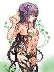  1girl arms_behind_head blue_eyes breasts brown_hair closed_mouth cowboy_shot gradient_hair hands_up highres horns komota_(kanyou_shoujo) long_hair looking_at_viewer multicolored_hair original plant plant_hair purple_hair purple_horns revealing_clothes small_breasts smile solo standing stretch tentacle_hair two-tone_hair very_long_hair vines white_background 