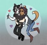  &lt;3 anthro black_hair boots bottomwear boyfriends brown_body brown_fur canid canine canis clothing denim denim_clothing domestic_dog duo ear_piercing ear_ring elbow_tufts eli_(fleetwoodbrak) embrace eyes_closed fingerless_gloves fleetwoodbrak footwear fur gio_(cadaverrdog) gloves gradient_background grey_body grey_fur hair half-closed_eyes handwear hug hugging_from_behind hybrid jeans leather leather_boots leather_clothing leather_footwear long_hair love male male/male mammal narrowed_eyes pants piercing romantic romantic_couple simple_background smile stylus white_body white_fur wolfdog 