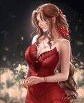  1girl aerith_gainsborough bangs bare_arms bracelet breasts brown_hair cleavage donyta dress final_fantasy final_fantasy_vii final_fantasy_vii_remake flamenco_dress floral_background flower green_eyes hair_flower hair_ornament hair_over_one_eye hair_ribbon highres holding holding_flower jewelry long_hair medium_breasts multiple_necklaces nail_polish parted_bangs red_dress ribbon sidelocks solo strapless strapless_dress upper_body wavy_hair white_flower 