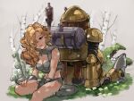  1girl 1other arms_behind_back ayla_(chrono_trigger) bare_shoulders blonde_hair breasts cavewoman chrono_trigger cleavage closed_mouth commentary curly_hair facing_away fake_tail from_behind green_eyes hair_over_one_eye hand_warmer highres long_hair looking_at_viewer medium_breasts mushroom outdoors plant robo_(chrono_trigger) robot scarf shiny shiny_skin sitting skirt tail thighs tree uzutanco 