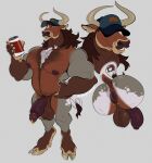 anthro anus balls beverage_can biceps big_balls big_pecs body_hair bovid bovine butt_hair cattle chest_hair cloven_hooves curved_horn erection genital_piercing genitals guiche_piercing happy_trail hi_res hooves horn humanoid_genitalia humanoid_penis igiveyoulemons male mammal manly musclegut muscular muscular_anthro muscular_male overweight overweight_anthro overweight_male pecs penis penis_piercing piercing prince_albert_piercing puffy_anus solo standing trucker_hat 
