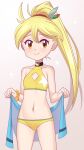  1girl bangs blonde_hair breasts brown_eyes closed_mouth collarbone commentary_request cowboy_shot diamond_cutout eyelashes gazing_eye hair_ornament highres holding holding_towel long_hair looking_at_viewer navel pokemon pokemon_adventures ponytail raised_eyebrows sparkle split_mouth swimsuit towel yellow_(pokemon) yellow_swimsuit 