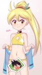  1girl bangs blonde_hair breasts brown_eyes character_name closed_mouth collarbone commentary_request cowboy_shot diamond_cutout eyelashes gazing_eye hair_ornament highres holding holding_towel long_hair looking_at_viewer navel pokemon pokemon_adventures ponytail raised_eyebrows red_(pokemon) sparkle split_mouth spoken_character swimsuit towel yellow_(pokemon) yellow_swimsuit 