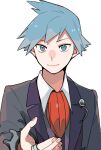 1boy aqua_eyes aqua_hair bangs closed_mouth collared_shirt commentary_request fingernails grey_jacket highres jacket jewelry looking_at_viewer male_focus momotose_(hzuu_xh4) necktie pokemon pokemon_(game) pokemon_oras ring shirt short_hair simple_background smile solo steven_stone upper_body vest white_background white_shirt 