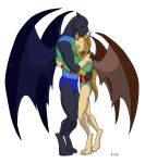  2020 anthro armlet clothing digital_media_(artwork) disney duo embrace eyes_closed felid female gargoyles hair hug kordyne maggie_reed_(gargoyles) male mammal mutate_(gargoyles) talon_(gargoyles) wings 