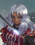  1girl black_gloves blue_eyes breasts dark-skinned_female dark_skin elma_(xenoblade_x) glint gloves highres holding holding_sword holding_weapon long_hair medium_breasts nimbaasu nuxonite solo sword upper_body weapon white_hair xenoblade_chronicles_(series) xenoblade_chronicles_x 