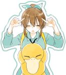  1girl arms_up bow brown_hair closed_eyes concentrating crossover finger_gun finger_gun_to_head hair_bow highres hona_(eg_roloc) hori_yuko idolmaster idolmaster_cinderella_girls pokemon ponytail psyduck v-shaped_eyebrows 