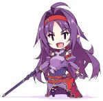  1girl :d ahoge armor bangs black_eyes breastplate chibi detached_sleeves eyebrows_visible_through_hair fingerless_gloves full_body gloves hairband holding holding_sword holding_weapon leotard leotard_under_clothes long_hair parted_bangs pointy_ears purple_gloves purple_hair red_hairband shikei smile solo sword sword_art_online very_long_hair weapon white_background yuuki_(sao) 