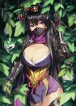  1girl armor black_hair breasts cleavage dripping gauntlets hair_ornament hiding highres ja_mong leaf looking_at_viewer mask mouth_mask ninja original purple_eyes rain thick_thighs thighhighs thighs wet 