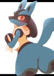  ahirulion anthro biped blue_body blush bodily_fluids canid canine chest_spike facial_markings head_markings lucario mammal markings mask_(marking) nintendo pok&eacute;mon pok&eacute;mon_(species) red_eyes solo spikes spikes_(anatomy) sweat sweatdrop towel video_games 