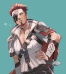  1boy armor badge cape collared_shirt eyepatch facial_hair fire_emblem fire_emblem_echoes:_shadows_of_valentia fire_emblem_heroes goatee hand_on_hip highres leather_belt leather_strap male_focus official_alternate_costume pectorals red_hair ryoyamanashi saber_(fire_emblem) shirt shoulder_armor solo sword weapon 