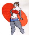  2006 anthro big_breasts bottomwear bracelet breasts brown_hair clothing danellz female giant_panda gillpanda_(character) hair jewelry mammal midriff navel skirt smile solo thick_thighs topwear traditional_media_(artwork) ursid wide_hips 