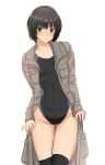  1girl absurdres amagami bangs black_hair black_legwear black_swimsuit blue_swimsuit brown_coat brown_eyes cameltoe coat collarbone commentary competition_swimsuit cowboy_shot groin highleg highleg_swimsuit highres long_coat looking_at_viewer nanasaki_ai no_pants one-piece_swimsuit panties panty_pull parted_lips pulled_by_self raised_eyebrows short_hair simple_background solo swimsuit swimsuit_under_clothes thigh_gap thighhighs thumb_in_beltline toggles two-tone_swimsuit underwear white_background white_panties ykh1028 