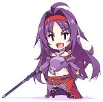  1girl :d ahoge armor bangs black_eyes breastplate chibi detached_sleeves eyebrows_visible_through_hair fingerless_gloves full_body gloves hairband holding holding_sword holding_weapon long_hair midriff navel parted_bangs pointy_ears purple_gloves purple_hair red_hairband shikei smile solo sword sword_art_online very_long_hair weapon white_background yuuki_(sao) 