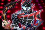  1boy armor asymmetrical_armor blue_eyes dark_foreground demons_driver driver_(kamen_rider) finish_line gloves glowing highres kamen_rider kamen_rider_demons kamen_rider_revice male_focus miyabi_(037) purple_eyes rider_belt scorpion scorpion_genome scorpion_tail silk spider_web spider_web_print tail tokusatsu upper_body 