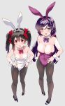  2girls animal_ears aqua_eyes bangs black_footwear black_hair black_legwear bow bowtie breasts cleavage detached_collar full_body grey_background hands_on_hips highres kurokawa_makoto large_breasts leotard long_hair love_live! love_live!_school_idol_project low_twintails multiple_girls pantyhose parted_bangs playboy_bunny purple_bow purple_bowtie purple_hair purple_leotard rabbit_ears red_bow red_bowtie red_eyes scrunchie simple_background small_breasts standing strapless strapless_leotard swept_bangs toujou_nozomi twintails white_leotard wrist_cuffs yazawa_nico 
