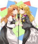 2girls absurdres ahoge apron bangs black_coat black_skirt black_vest blonde_hair blush bow braid brown_eyes buttons closed_mouth coat commentary_request cookie_(touhou) cowboy_shot eyebrows_visible_through_hair grin hair_bow highres holding_hands interlocked_fingers juliet_sleeves kirisame_marisa koga_(cookie) light_brown_hair long_hair long_sleeves microphone multiple_girls no_hat no_headwear puffy_sleeves purple_bow rei_(cookie) shirt side_braid single_braid skirt smile split_mouth touhou turtleneck vest waist_apron white_apron white_background white_shirt yumekamaborosh 