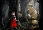 1girl blonde_hair child dress forest grey_shirt highres horror_(theme) komota_(kanyou_shoujo) nature open_mouth original outdoors pinafore_dress puffy_short_sleeves puffy_sleeves purple_eyes red_dress red_footwear scared shirt shoe_loss shoe_removed shoes short_hair short_sleeves single_shoe stuffed_animal stuffed_toy teddy_bear 