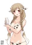  1girl animal_ears animal_print artist_name bikini bottle braid breasts cloud_hair_ornament commentary_request cow_ears cow_horns cow_print cowboy_shot dated fake_animal_ears fake_horns gradient_hair highres horns kantai_collection large_breasts light_brown_hair long_hair low_twin_braids milk_bottle minegumo_(kancolle) multicolored_hair one-hour_drawing_challenge owa_(ishtail) red_eyes solo swimsuit twin_braids white_bikini 