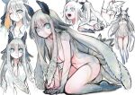  1girl absurdres all_fours animal_ears barefoot blue_eyes blush bright_pupils closed_mouth colored_skin extra_teeth gradient_skin grey_hair grey_skin highres horns komota_(kanyou_shoujo) long_hair looking_at_viewer monster_girl multiple_views one_eye_closed open_mouth original parted_lips petting sea_slug sea_slug_girl sharp_teeth shirt solo_focus spiked_horns tail teeth tentacle_hair white_pupils white_shirt 