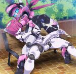  1boy 1girl after_vaginal anus ass bar_censor bench bent_over blue_eyes blush censored cum cum_in_pussy cum_string erection from_behind hat large_penis otoko_no_ko outdoors penis pink_hair pink_headwear pinkle_(polynian) pochincoff pussy robot robot_neoanthropinae_polynian shamrock_(polynian) short_hair testicles 