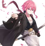  1girl absurdres alchemy_stars black_coat breasts celite cherry_blossoms cleavage coat hair_between_eyes highres hiiro_(alchemy_stars) japanese_clothes kimono looking_at_viewer mahjong mahjong_tile petals pink_eyes pink_hair sarashi sheath short_hair simple_background solo sword weapon white_background yukata 