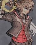  1boy 74nogo blue_eyes brown_background brown_hair brown_jacket hand_on_hip jacket jewelry keyblade kingdom_hearts looking_to_the_side male_focus necklace short_hair simple_background smile solo sora_(kingdom_hearts) spiked_hair teeth upper_body 