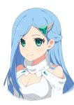  1girl blue_hair clip diya_(xing_you_ji) dress green_eyes hair_ornament hairpin long_hair qingwa_fu_luo smile solo upper_body white_background white_dress xing_you_ji 