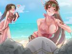  bangs bare_shoulders beach bikini blush book breasts brown_hair fire_emblem fire_emblem:_new_mystery_of_the_emblem fire_emblem:_shadow_dragon_and_the_blade_of_light fire_emblem_heroes flashing genderswap genderswap_(mtf) holding holding_book kiran_(fire_emblem) large_breasts licking_lips linde_(fire_emblem) long_hair looking_at_viewer nipples official_alternate_costume omizu_(mimisyumikan) open_mouth outdoors pink_bikini ponytail rock swimsuit tongue tongue_out xane_(fire_emblem) 