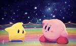  highres kirby kirby_(series) looking_at_viewer luma_(mario) mario_(series) mario_kart night open_mouth rainbow_road scenery sky sparkle star_(sky) starry_sky super_mario_galaxy surprised suyasuyabi 