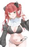  0_0_0 1girl absurdres bangs black_bra bra breasts cleavage collar frilled_collar frills green_eyes hand_in_own_hair highres horns kitagawa_marin large_breasts long_hair looking_at_viewer navel pointy_ears red_eyes smile solo sono_bisque_doll_wa_koi_wo_suru underwear white_background white_collar 