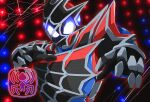  1boy armor asymmetrical_armor black_gloves blue_eyes dark_foreground fighting_stance gloves glowing glowing_eyes kamen_rider kamen_rider_demons kamen_rider_revice male_focus miyabi_(037) silk spider_genome spider_web spider_web_print stamp_mark tokusatsu vistamp 