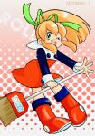  1girl blonde_hair blush_stickers broom dress full_body green_eyes green_ribbon hair_ribbon long_hair looking_at_viewer mega_man_(classic) mega_man_(series) one_eye_closed open_mouth ponytail red_dress red_skirt ribbon roll_(mega_man) skirt smile solo tatsunami_takahito 